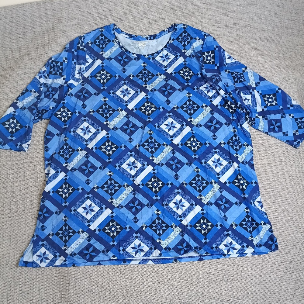 Lands End T-Shirt Womens 3X Blue Excellent Patchwork Quilt Print 3/4 Sleeve
